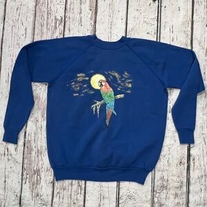 Vintage 80s Parrot Bird Animal Print 1980s Blue Pullover Sweatshirt